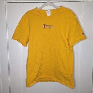 Champion Shirt Mens Medium Yellow Spellout Script Logo Gym Cotton Casual